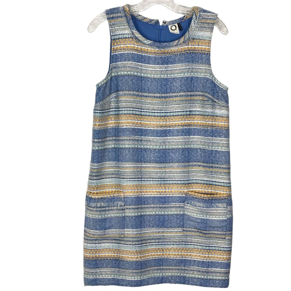 NWOT AKEMI+KIN Dress 6 Tweed Blue Stripe Shift Raw-Edge-Neck&Hem Pocket Zip Knee